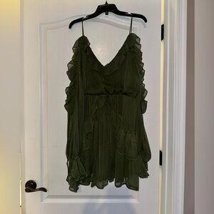 Ruffle off the shoulder mini in forest green